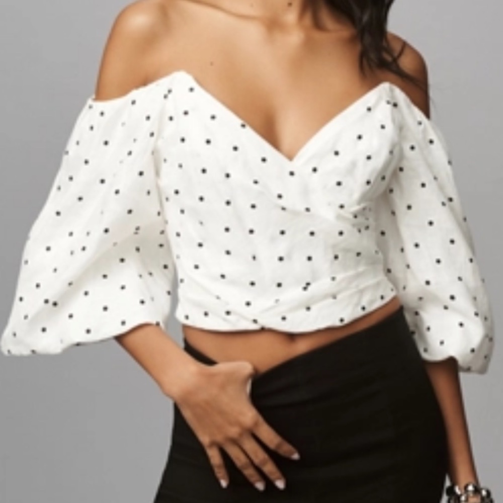Bardot Eva V-Neck Puff-Sleeve Linen Top, New, Size 8